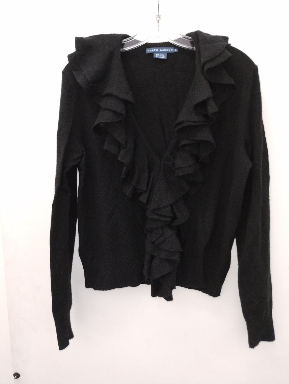 Ralph Lauren 100% Cashmere Black Ruffle-Trim Cardigan Size XL